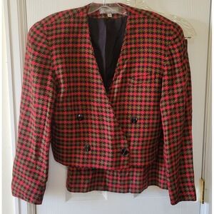 CC Courtenay Skirt Suit Size 10 Red Black Olive Houndstooth Plaid Pockets Bolero